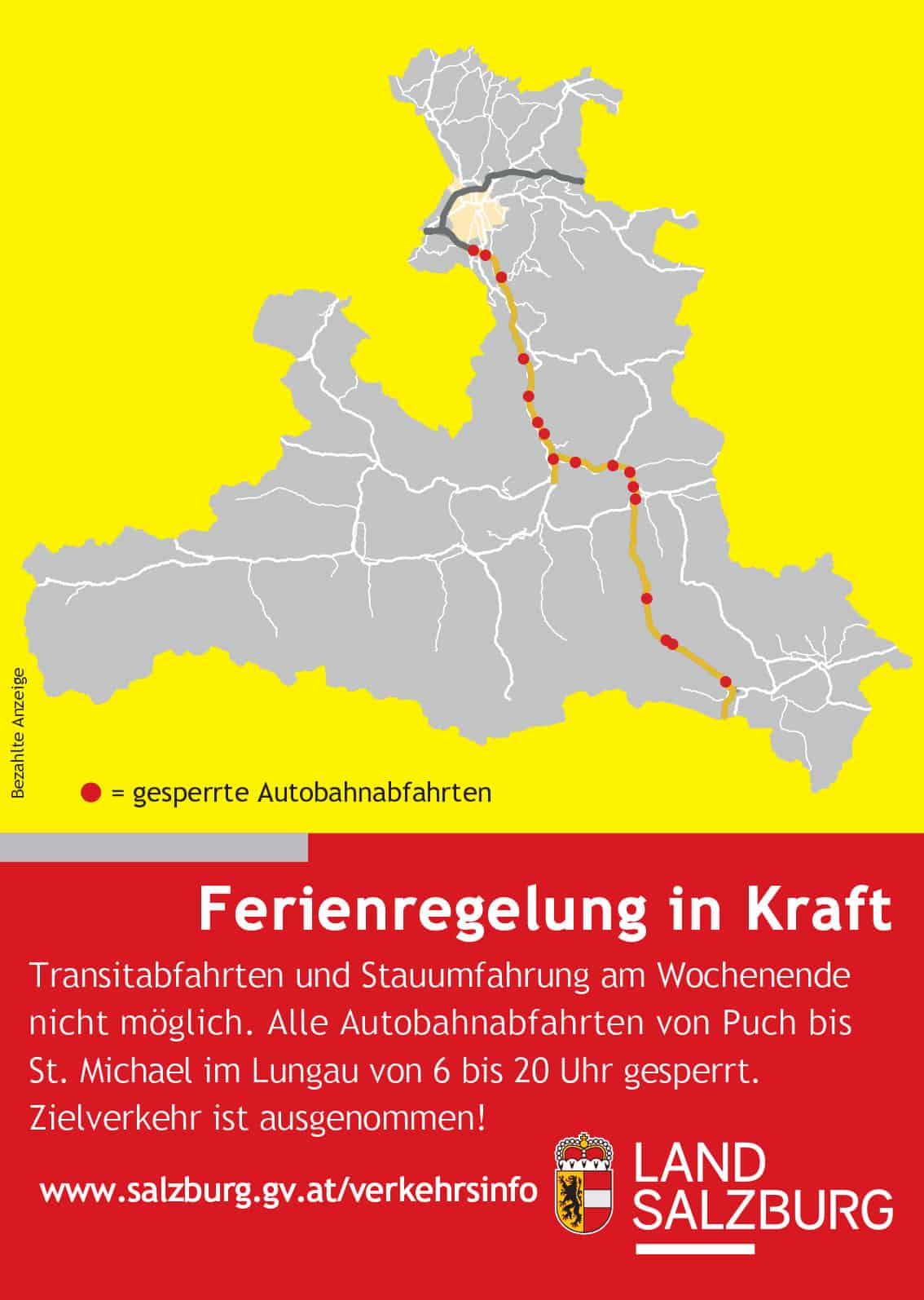 Übersicht über die Sperrren der Autobahnabfahrten entlang der A10 im Bundesland Salzburg