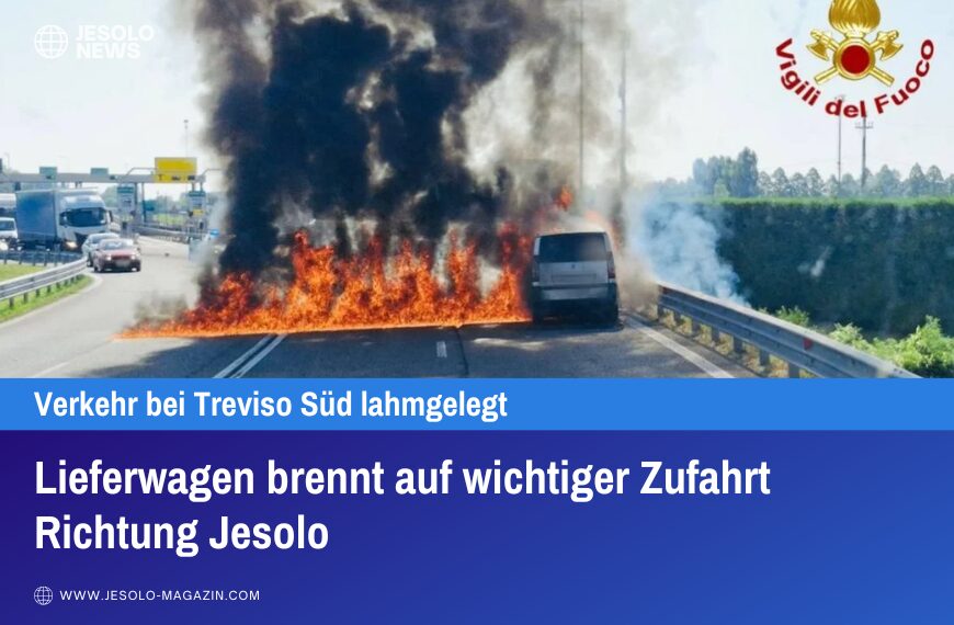 Lieferwagen brennt auf wichtiger Zufahrt Richtung Jesolo